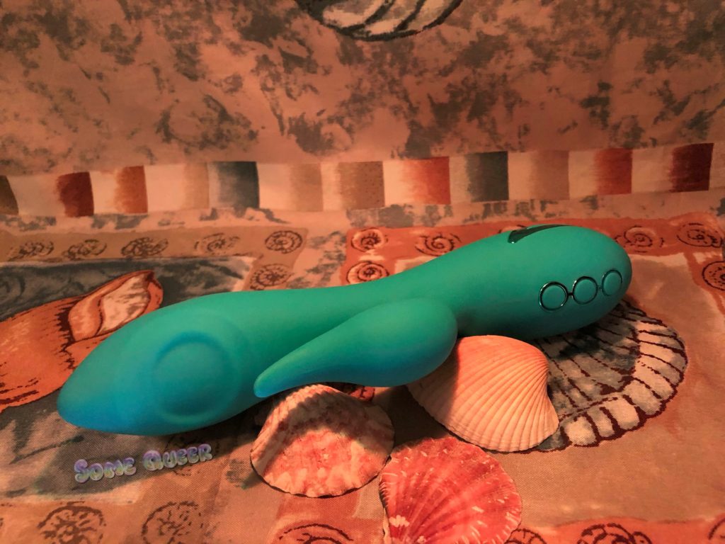 California Dreaming Santa Monica rabbit style vibrator propped against two seashells